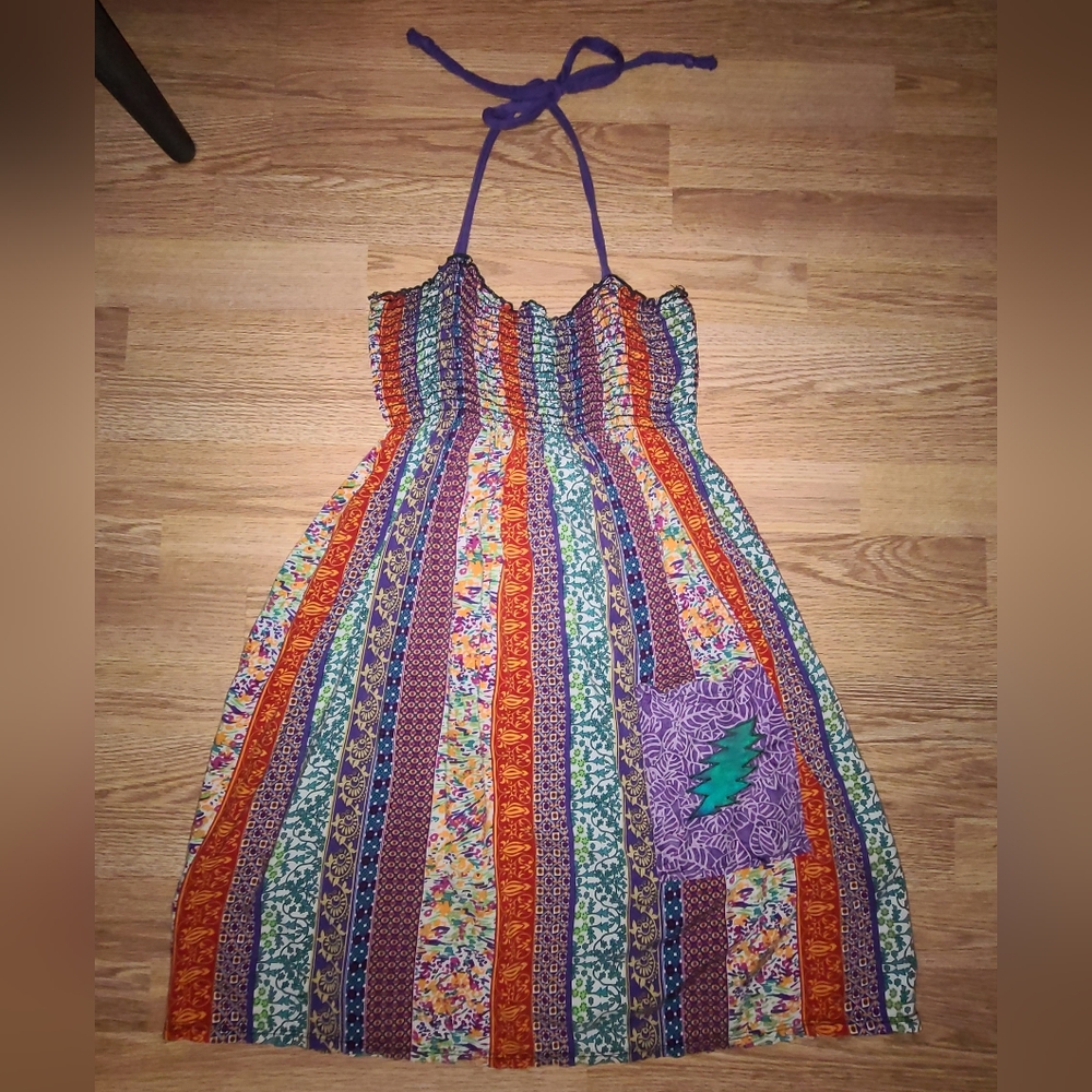 Patchwork Eclectic Multicolored Halter Dress Grateful Dead Patch Pocket Bohemian